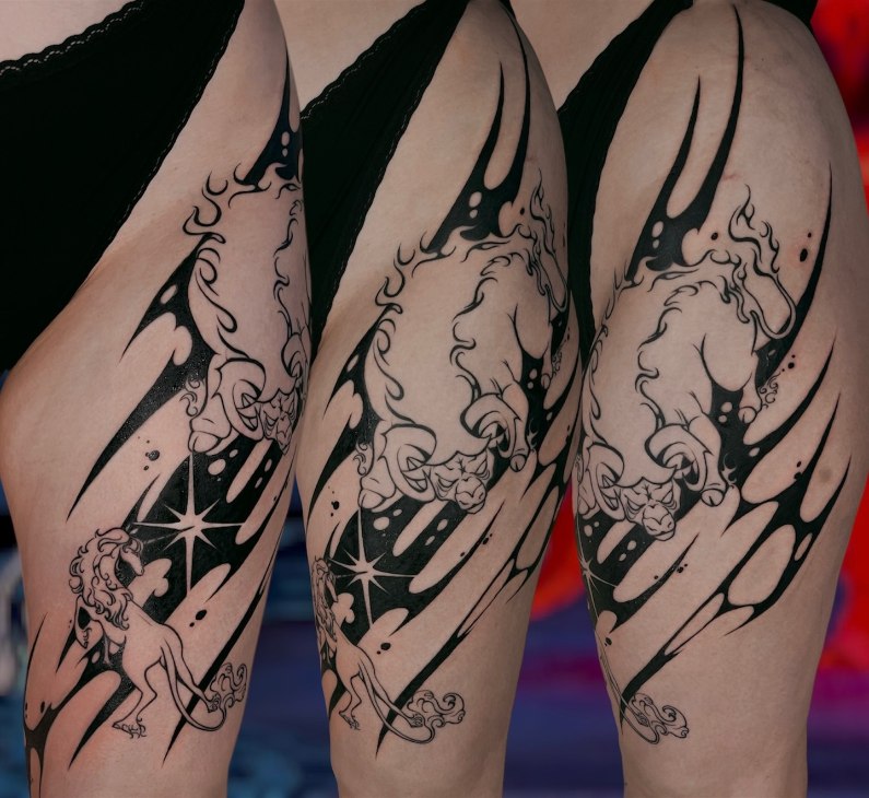 Aadan tatuointityö — mustavalkoista kuvitusta.